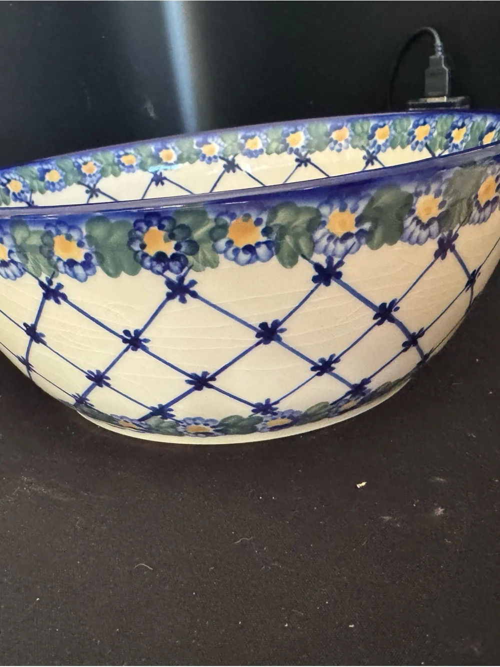 Polish Pottery Blue Floral Lattice Ceramic Serving Bowl Crazing